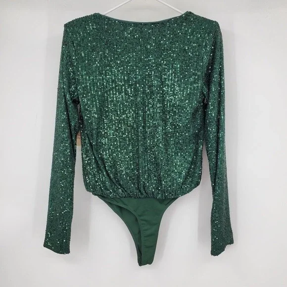 NWT Revolve Camila Coelho CeCe Emerald Green Sequin Draped Bodysuit Glam Party S - Picture 2 of 11